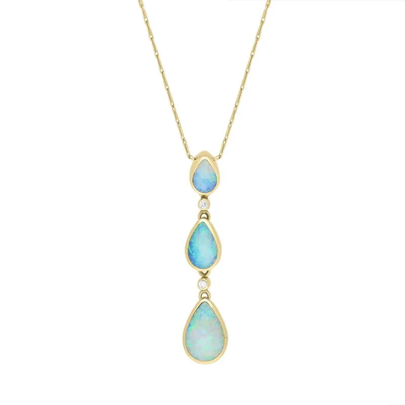18ct Yellow Gold Opal Diamond Three Stone Graduating Pear Necklace