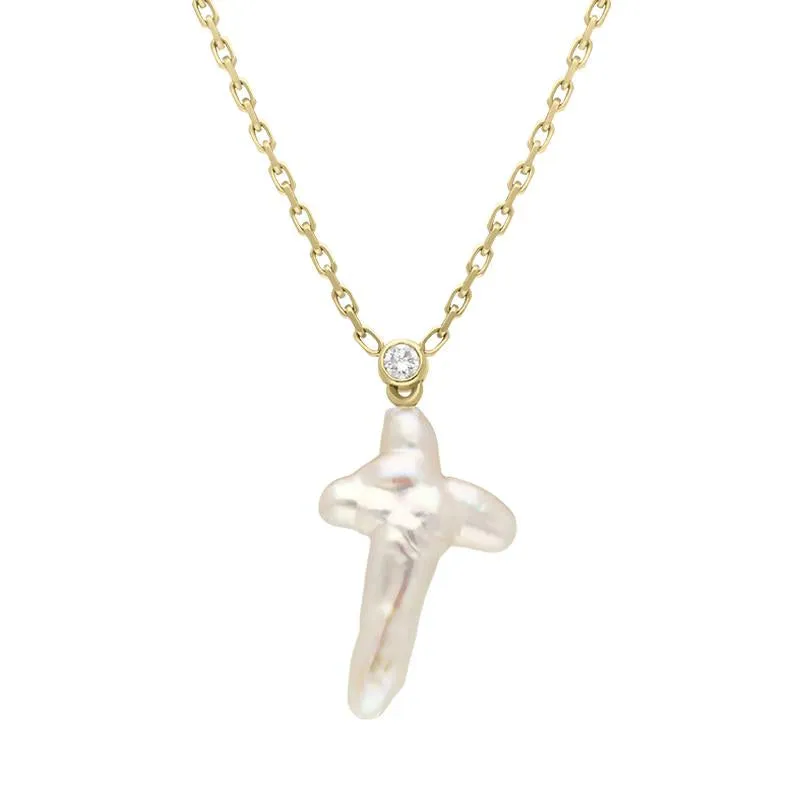 18ct Yellow Gold Pink Mother of Pearl 0.07ct Diamond Unique Cross Necklace