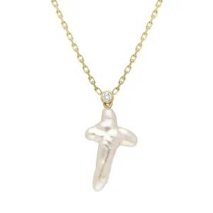 18ct Yellow Gold Pink Mother of Pearl 0.07ct Diamond Unique Cross Necklace