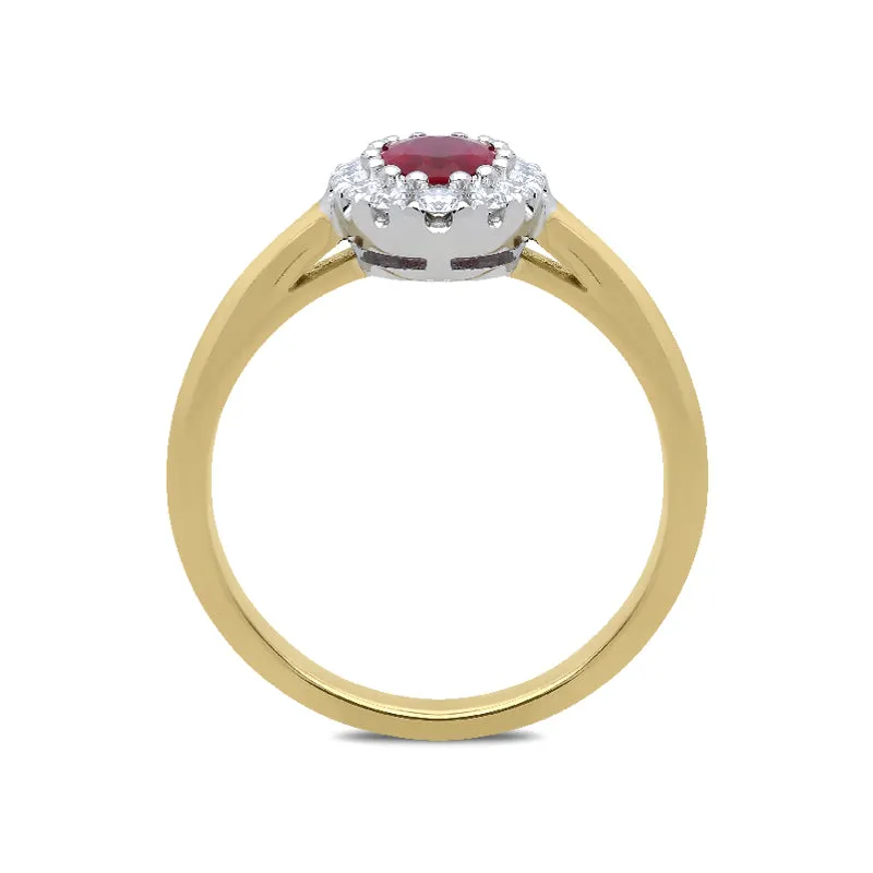 18ct Yellow Gold Ruby and Diamond Oval Cluster Ring