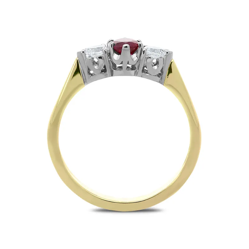 18ct Yellow Gold Ruby and Diamond Pear Cut Trilogy Ring