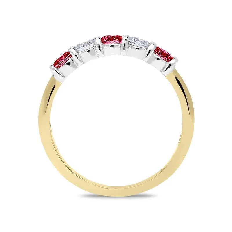 18ct Yellow Gold Ruby Diamond Five Stone Bar Set Ring