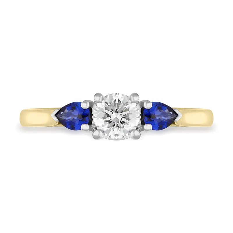 18ct Yellow Gold Sapphire Diamond Round and Pear Cut Three Stone Ring