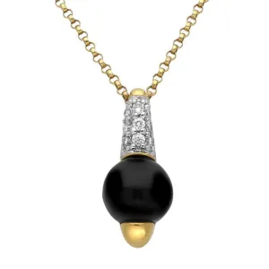 18ct Yellow Gold Whitby Jet 0.08ct Diamond Round Pave Top Necklace