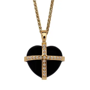 18ct Yellow Gold Whitby Jet 0.20ct Diamond Size M Cross Heart Necklace