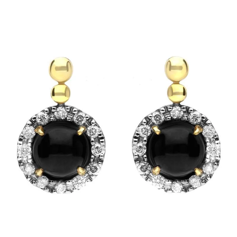 18ct Yellow Gold Whitby Jet and Diamond Small Round Claw Set Drop Earrings D
