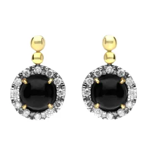18ct Yellow Gold Whitby Jet and Diamond Small Round Claw Set Drop Earrings D