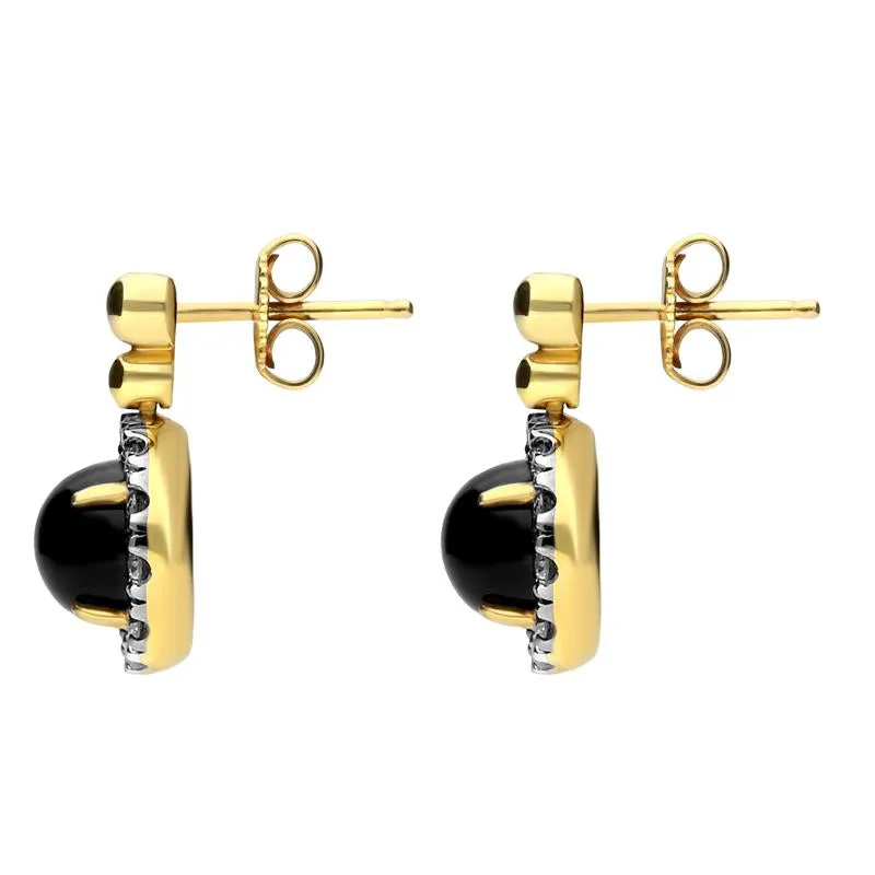 18ct Yellow Gold Whitby Jet and Diamond Small Round Claw Set Drop Earrings D