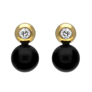 18ct Yellow Gold Whitby Jet Diamond Bead Stud Earrings D