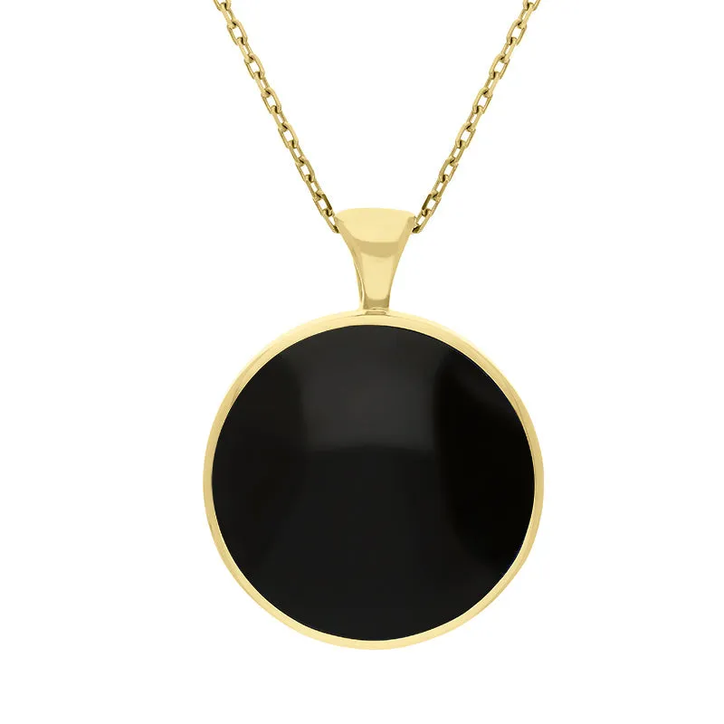 18ct Yellow Gold Whitby Jet Malachite Large Double Sided Round Fob Necklace