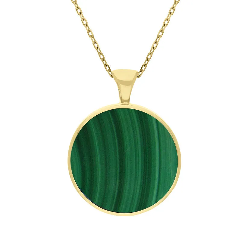 18ct Yellow Gold Whitby Jet Malachite Large Double Sided Round Fob Necklace