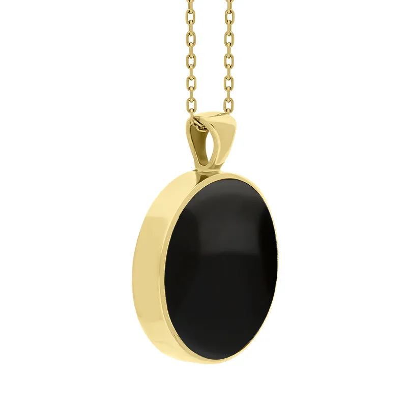 18ct Yellow Gold Whitby Jet Malachite Large Double Sided Round Fob Necklace