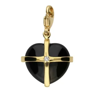18ct Yellow Gold Whitby Jet One Diamond Large Cross Heart Charm