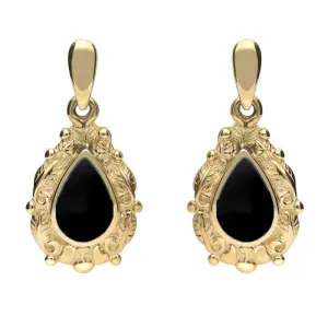 18ct Yellow Gold Whitby Jet Pear Shaped Leaf Drop Earrings