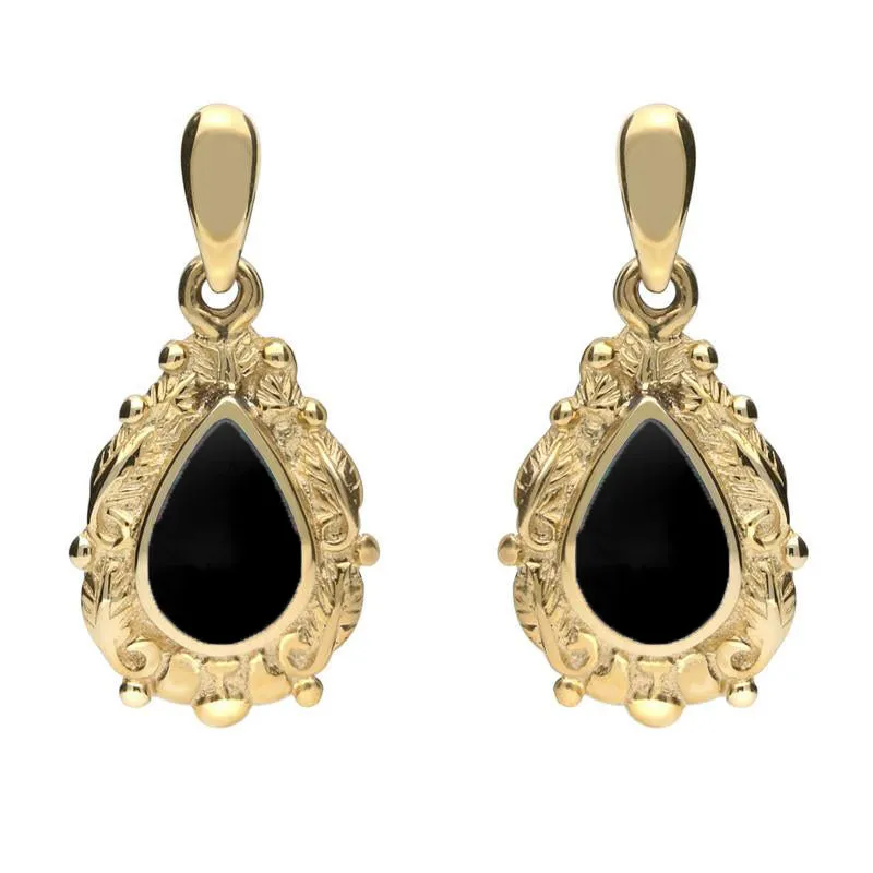 18ct Yellow Gold Whitby Jet Pear Shaped Leaf Drop Earrings