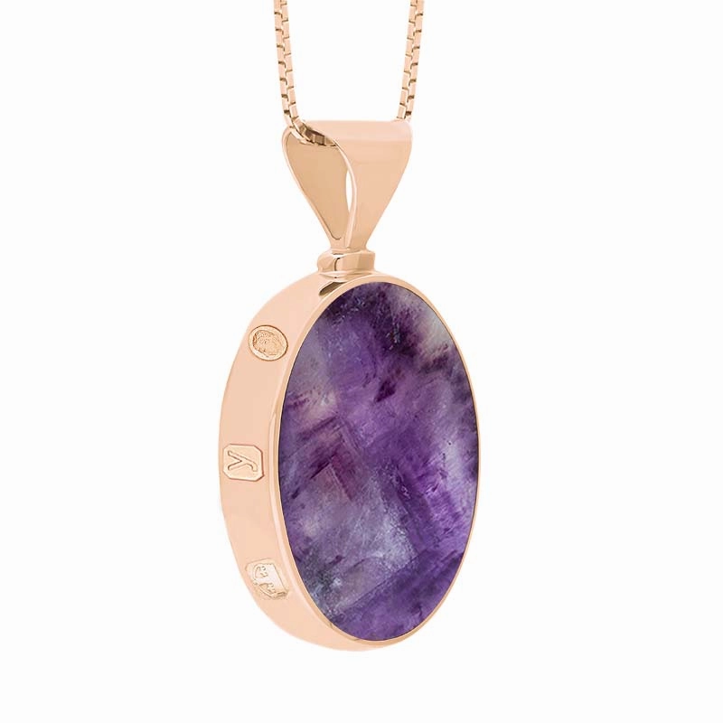 18ct Rose Gold Blue John Mother of Pearl King's Coronation Hallmark Double Sided Oval Necklace D
