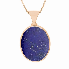 18ct Rose Gold Whitby Jet Lapis King's Coronation Hallmark Double Sided Oval Necklace D