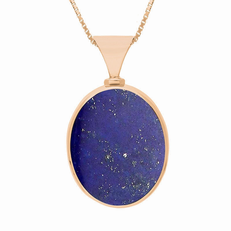 18ct Rose Gold Whitby Jet Lapis King's Coronation Hallmark Double Sided Oval Necklace D