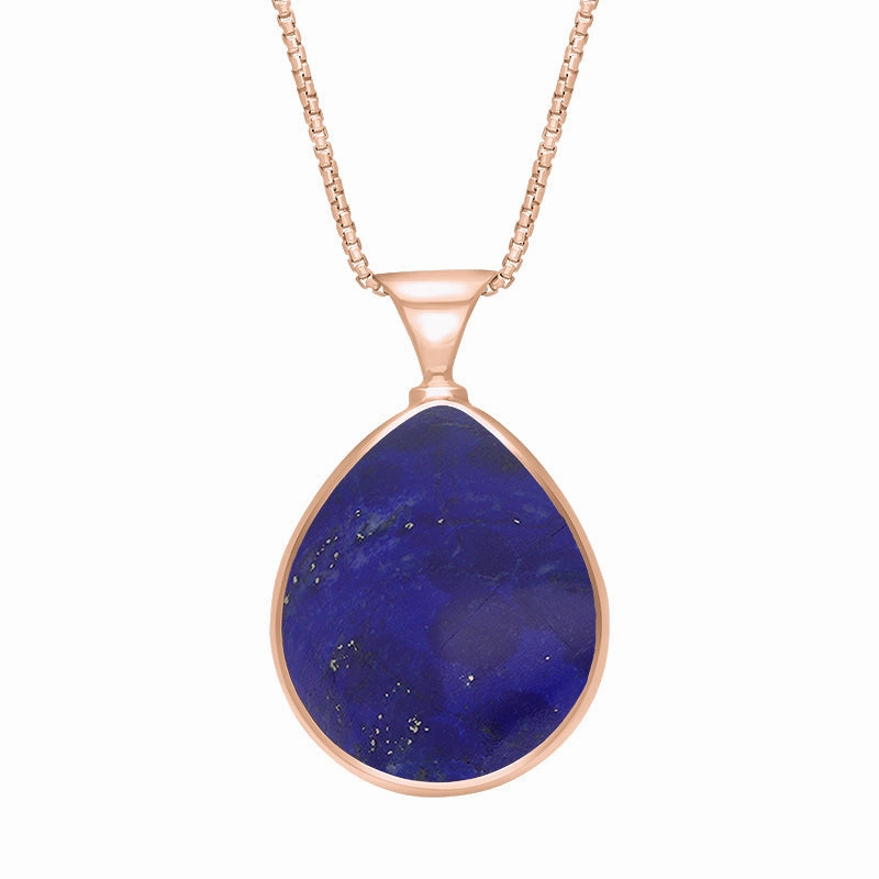 18ct Rose Gold Whitby Jet Lapis King's Coronation Hallmark Double Sided Pear-shaped Necklace D