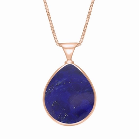 18ct Rose Gold Whitby Jet Lapis King's Coronation Hallmark Double Sided Pear-shaped Necklace D