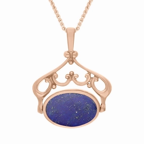 18ct Rose Gold Whitby Jet Lapis Lazuli Double Sided Oval Swivel Fob Necklace