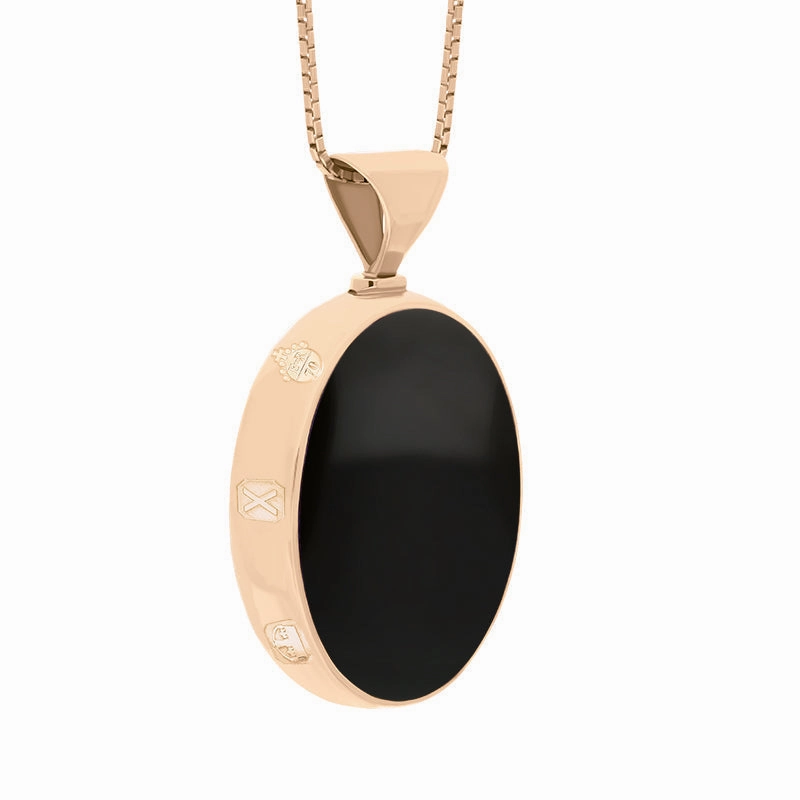 18ct Rose Gold Whitby Jet Malachite Queens Jubilee Hallmark Double Sided Oval Necklace D