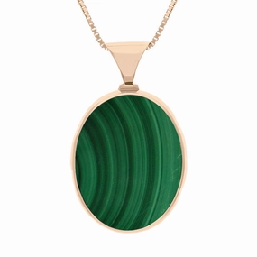 18ct Rose Gold Whitby Jet Malachite Queens Jubilee Hallmark Double Sided Oval Necklace D