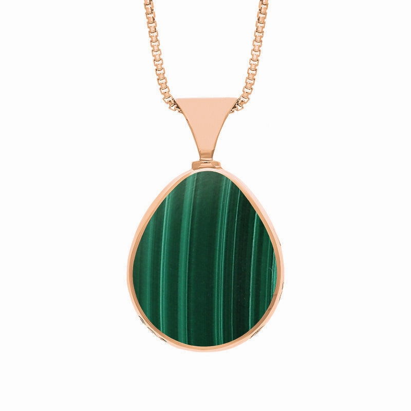 18ct Rose Gold Whitby Jet Malachite Queens Jubilee Hallmark Double Sided Pear-shaped Necklace D