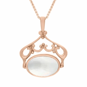 18ct Rose Gold Whitby Jet Mother Of Pearl Double Sided Oval Swivel Fob Necklace