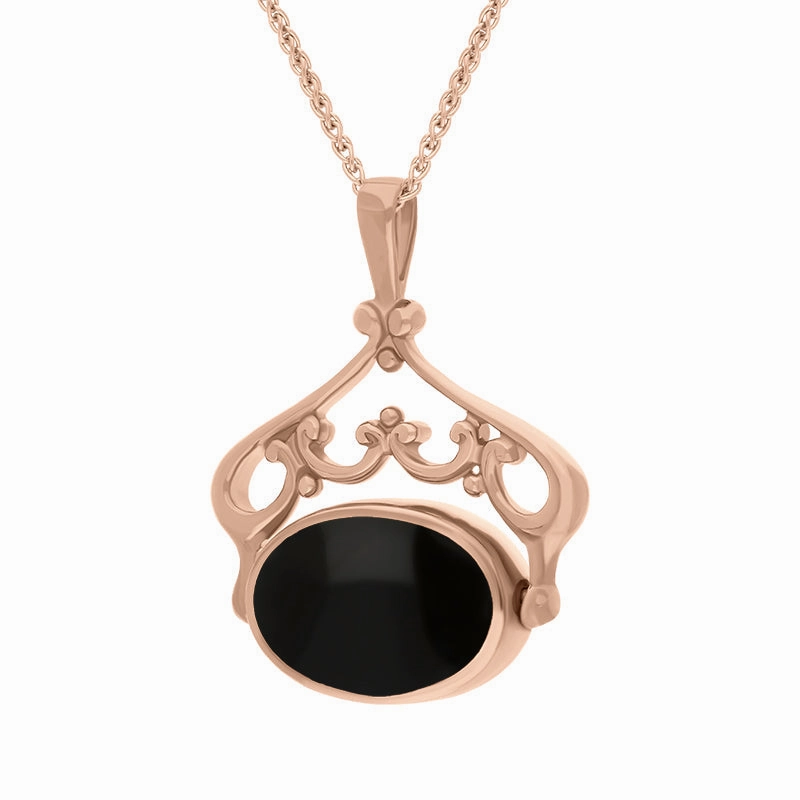 18ct Rose Gold Whitby Jet Mother Of Pearl Double Sided Oval Swivel Fob Necklace