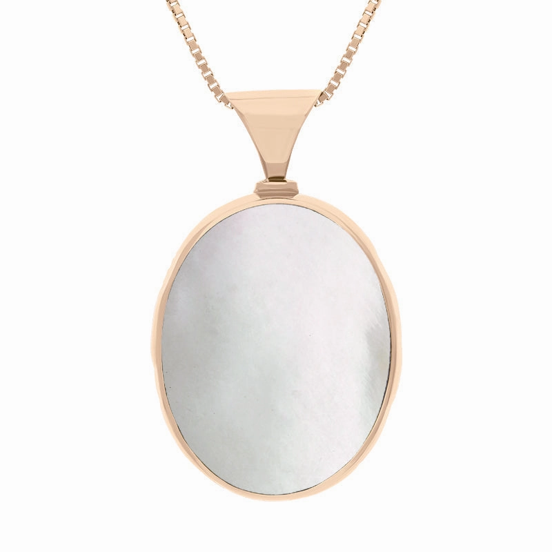 18ct Rose Gold Whitby Jet Mother of Pearl King's Coronation Hallmark Double Sided Oval Necklace D