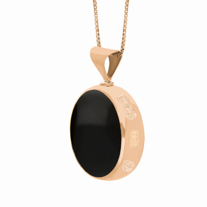 18ct Rose Gold Whitby Jet Turquoise King's Coronation Hallmark Double Sided Round Necklace D