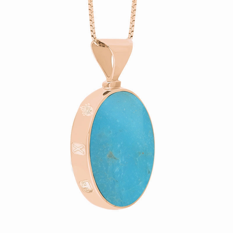 18ct Rose Gold Whitby Jet Turquoise Queens Jubilee Hallmark Double Sided Oval Necklace D