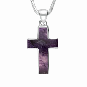 18ct White Gold Blue John Channel Set Cross Necklace