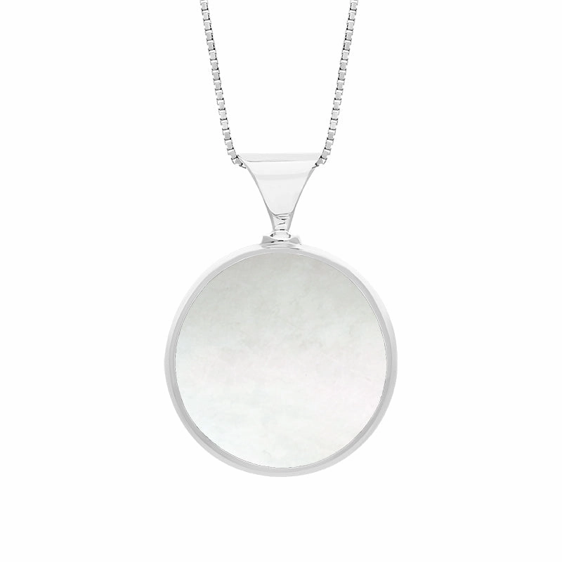 18ct White Gold Blue John Mother of Pearl Queens Jubilee Hallmark Double Sided Round Necklace D