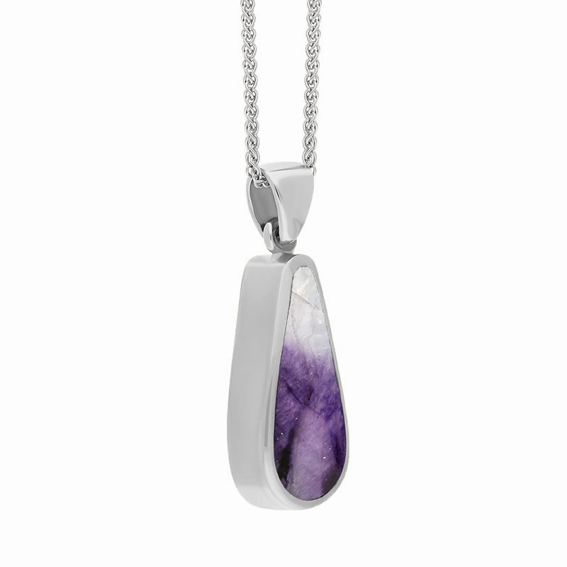 18ct White Gold Blue John Whitby Jet Small Double Sided Pear Cut Fob Necklace