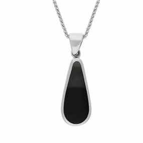 18ct White Gold Blue John Whitby Jet Small Double Sided Pear Cut Fob Necklace