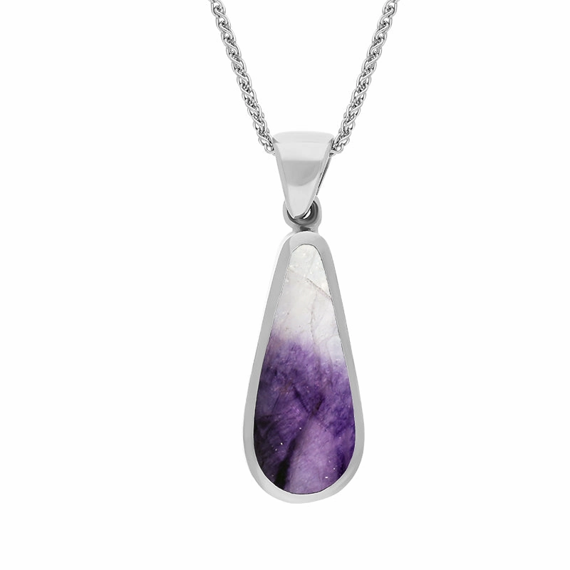 18ct White Gold Blue John Whitby Jet Small Double Sided Pear Cut Fob Necklace
