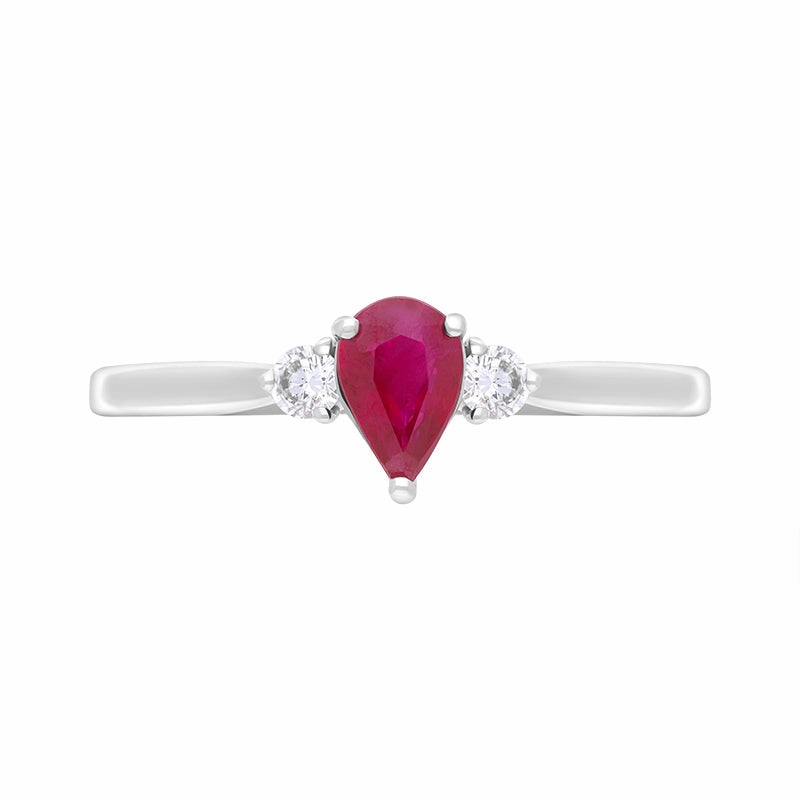 18ct White Gold Ruby Diamond Pear Cut Three Stone Ring