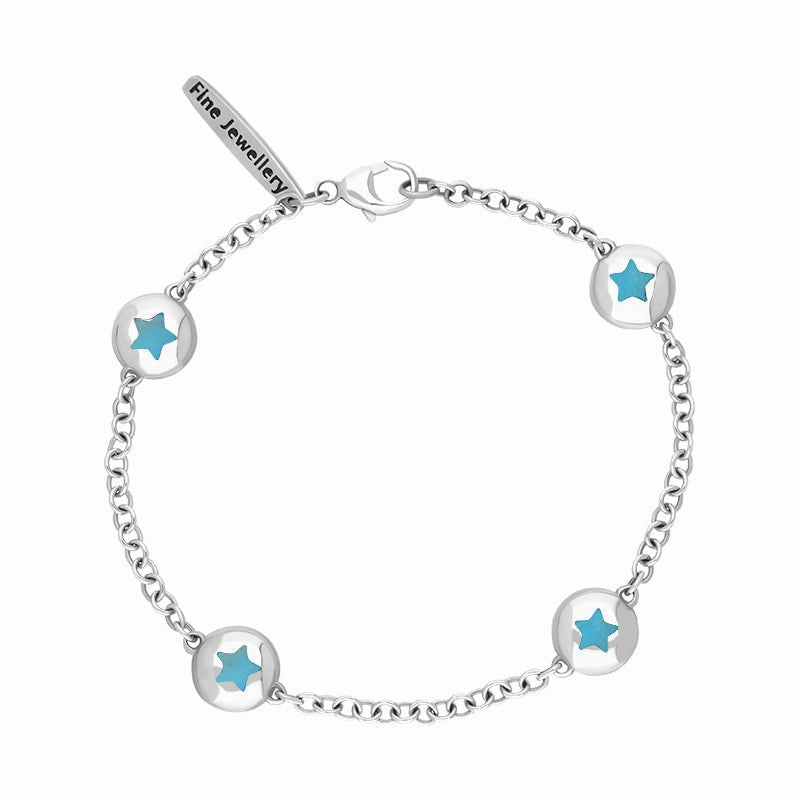 18ct White Gold Turquoise Oval Star Detail Four Stone Bracelet
