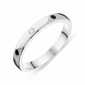 18ct White Gold Whitby Jet 0.02ct Diamond 3mm Patterned Wedding Band