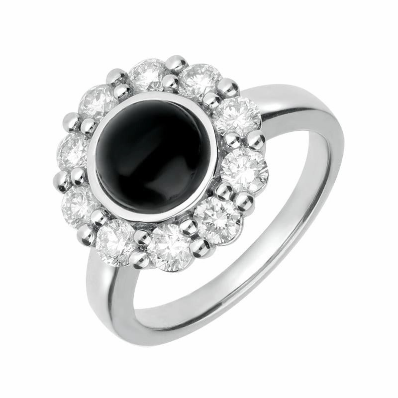18ct White Gold Whitby Jet And Diamond Large Round Cluster Ring