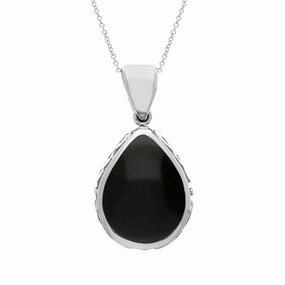 18ct White Gold Whitby Jet Blue John Double Sided Celtic Pear Cut Fob Necklace