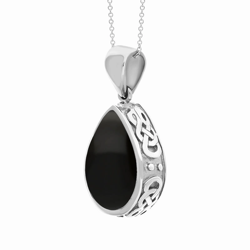 18ct White Gold Whitby Jet Blue John Double Sided Celtic Pear Cut Fob Necklace