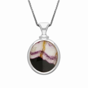 18ct White Gold Whitby Jet Blue John Small Double Sided Oval Fob Necklace