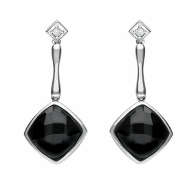 18ct White Gold Whitby Jet Diamond Faceted Cushion Earrings D