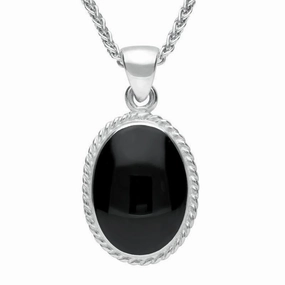 18ct White Gold Whitby Jet Heritage Rope Edge Medium Oval Pendant