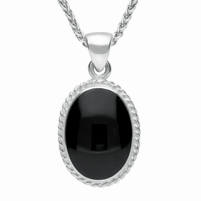 18ct White Gold Whitby Jet Heritage Rope Edge Medium Oval Pendant