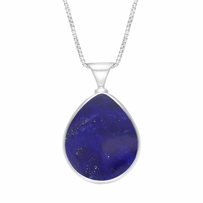 18ct White Gold Whitby Jet Lapis Lazuli Queens Jubilee Hallmark Double Sided Pear-shaped Necklace D