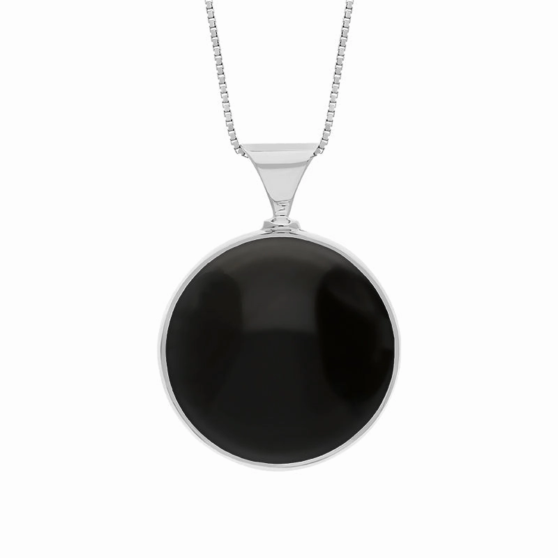18ct White Gold Whitby Jet Malachite King's Coronation Hallmark Double Sided Round Necklace D